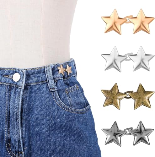 Image of Star Waist Knots for Jeans Tightening Clips Buttons, 4 Pairs Jeans Adjustable Pins for Women Pants, Fashion Metal Clips for Waist Tight, Loose Skirt, Trousers, No Sewing Required