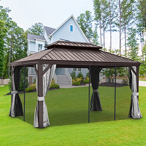 Outmotd 10X14 Ft Double Hardroof Gazebo With Netting And Shaded Curtains, Outdoor Gazebo 2-Tier Hardtop Galvanized Iron Aluminum Frame For Patio, Backyard, Deck And Lawns, Parties #TOP2
