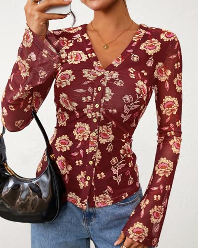BTFBM Button Down Shirts for Women Fall Fashion 2025 V Neck Long Sleeve Blouse Ruched Mesh Fitted Floral Print Boho Tops4