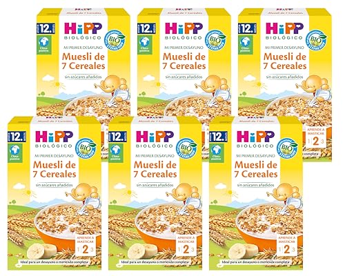 HiPP Biológico - Muesli de 7 Cereales BIO - A Base de Cereales Integrales - Sin Azúcares Añadidos - Desayunos y Meriendas Completas - Indicado para bebés desde los 12 meses - Pack 6X200g