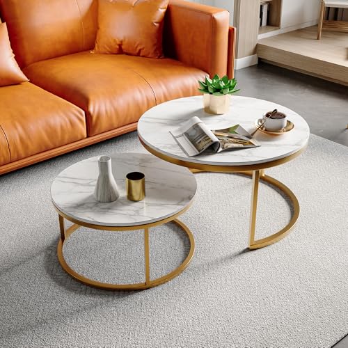 Juego de 2 Mesa de Centro,Juego de 2 Mesas Auxiliares Redondas Mesa Auxiliar Set de 2 Mesa de Centro Side Tables Round Coffee Table Mesita Comedor Mesas de Centro Mdf (Dorado, 80x45cm+60x33cm)