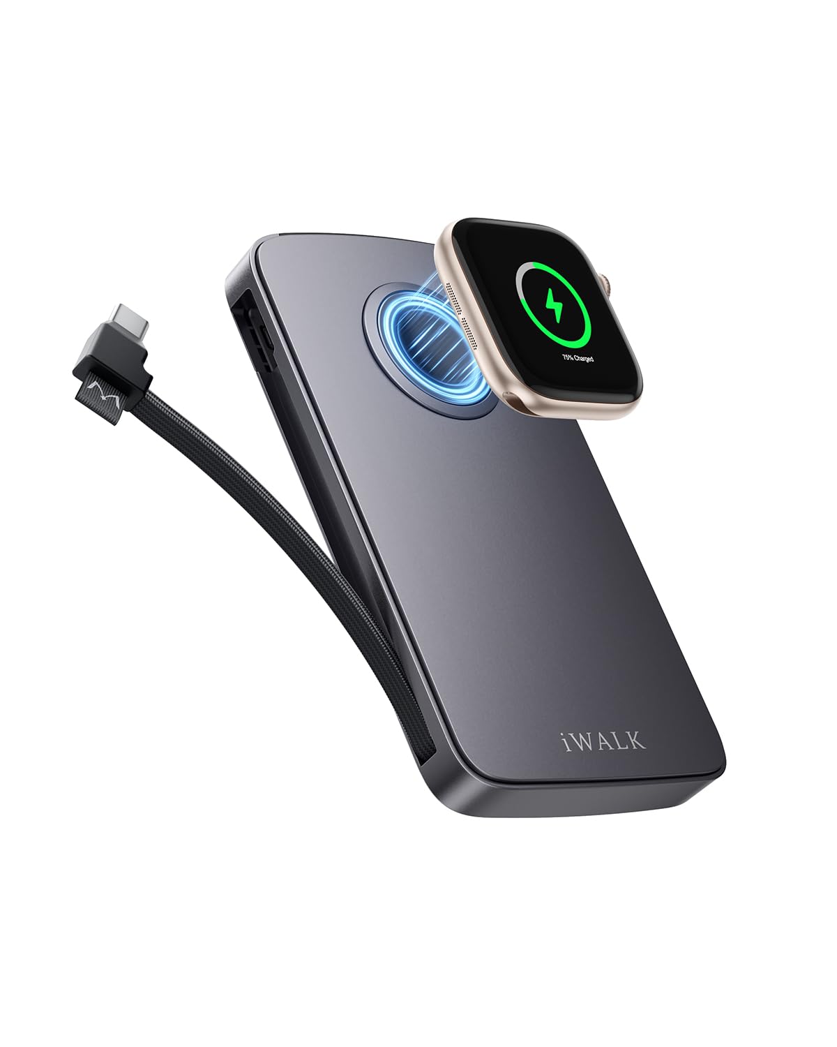 iWALK Batterie externe 10 000 mAh, chargeur portable à charge rapide 30 W avec câble USB-C intégré et module de charge de montre de 5 W, batterie fine avec écran LED pour iPhone 17 Pro Max/16/15, iPad