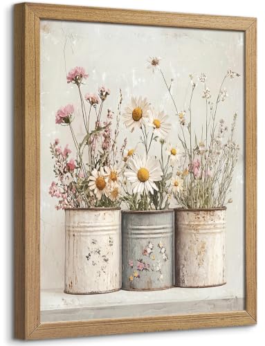 Daisy Floral Wall Art, Rustic Farmhouse Wood Framed Canvas 8x10 Inch