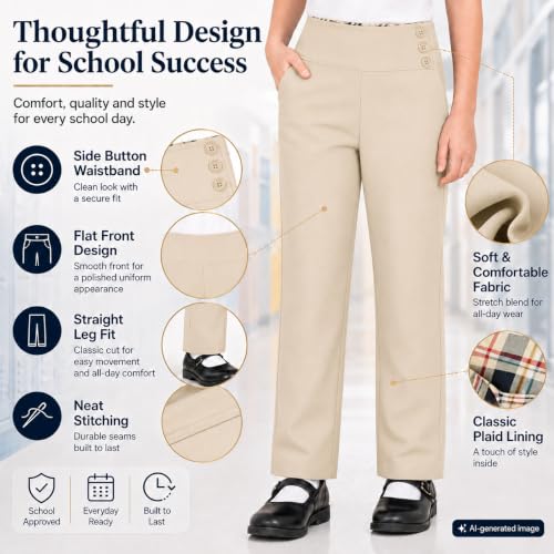 Image of Bienzoe Girls School Uniform Pant: Kids Adjustable Waist Durable Straight Leg Dress Trouser