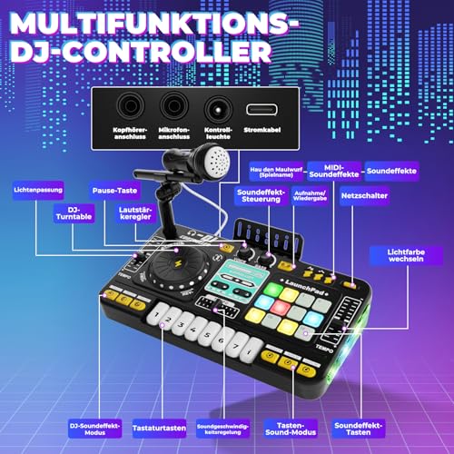 DJ Mischpult DJ Pult für Kinder 3-10 Jahre DJ Controller DJ Mixer Musikinstrumente mit Mikrofon 100+ Soundeffekten Licht Akku, Geschenk Spielzeug für DJ-Anfänger Jungen Mädchen 3 5 6 7 8 9 10 Jahre