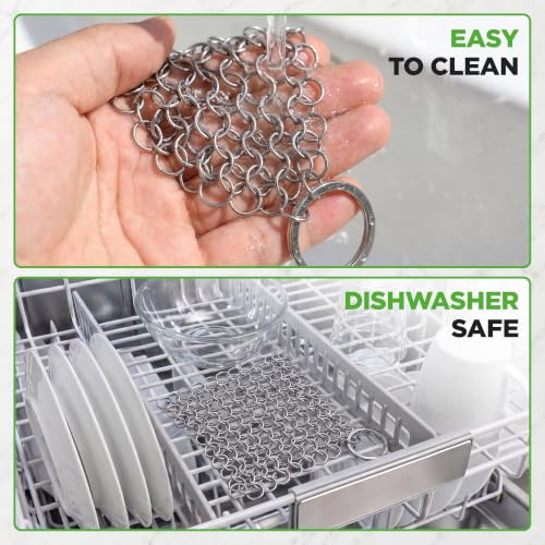 Image of NutriChef Stainless Steel Cast Iron Cleaner - 3.94 inchx3.94 inch Rustproof Dishwasher Safe Chainmail Metal Scraper Cleaning Tool for Preseasoned Pans, Pot, Dutch Oven, Skillet, Wok, Waffle Iron