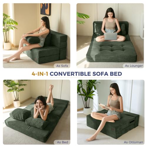 Image of MAXYOYO Convertible Sofa Bed, Fold Out Sofa Couch with Pillow for Adults | Loveseat Sofa 4 in 1 Tufted Folding Couch Bed Foam Floor Couch, Lazy Chair for Living Room Bedroom Guest Room, Dark Green