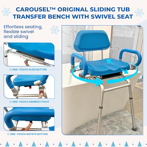 Platinum Health Carousel Sliding Shower Chair Tub Transfer Bench with Swivel Seat, Premium Padded, Pivoting Arms, Adjustable Space Saving Design for Tubs, Inside Shower, for Handicap & Seniors, Blue