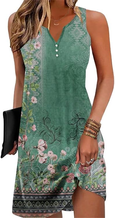 V-Neck Floral Printed Summer A-Line Elegant Dresses Womens Vintage Sleeveless Beach Sundress Ladies Casual Loose Boho Dress