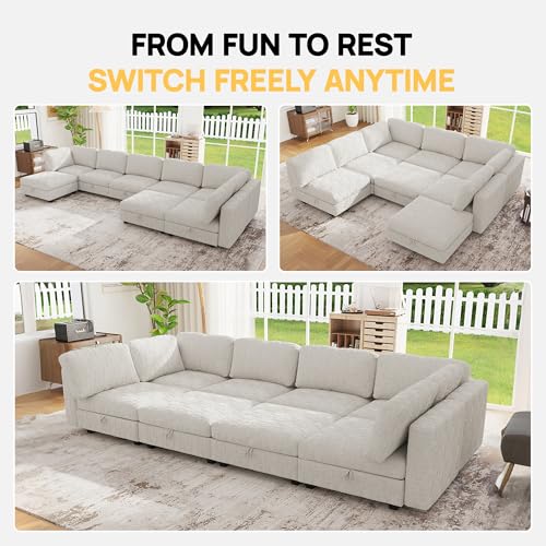 Image of 128 inch Modular Sectional Chenille Sofa bed with Hidden Storage, Comfy Modern 8 Seater Oversized Deep Seat Couch, Modular Sectional with Ottoman and Removable Cover for Living Room, Apartment, Beige