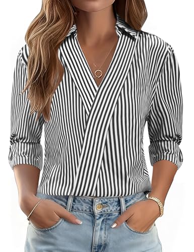 LOMON Womens Blouses Dressy Casual V Neck Collared Shirts 3/4 Sleeve Work Tops Business Casual...
