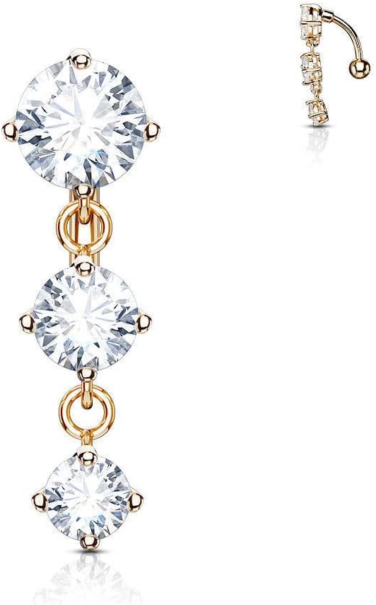 Reverse Belly Button Ring 3 Rounds Prong Clear Gems Vertical Drop 14G