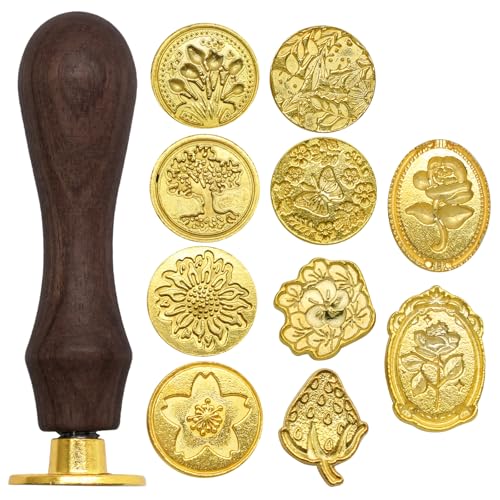 vibedor Wax Seal Stamp Kit, 10 Pcs Wax Seal Stamp Heads with a Wooden Handle for Wedding Invitations, DIY Crafts, Envelopes, Greeting Cards and Gift Decoration