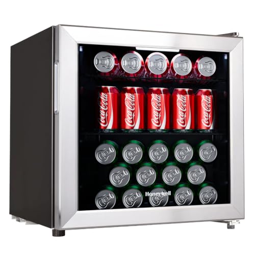 Honeywell Beverage Refrigerator and Cooler, 48 Can Mini Fridge with Glass Door for Soda Beer or Wine for Office or Bar with Adjustable Removable Shelving