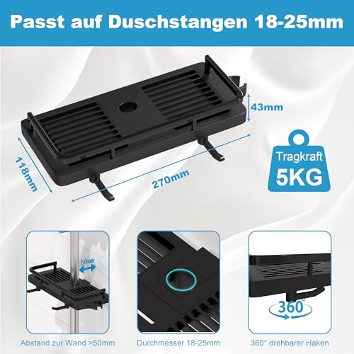 DIYGEEK Duschablage für Duschstange Schwarz, Duschregal ohne Bohren, Badezimmer Dusche Rack Verstellbar Höhe, Für Duschstange mit Durchmesser von 18mm - 25mm, 1 Stück