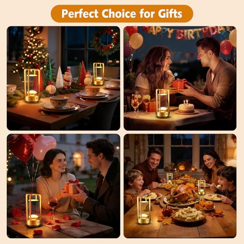 Image of Portable Table Lamp for Outdoor Indoor: Cordless Rechargeable Desk Lamp with 3 Color Stepless Dimmable - Metal Battery Operated Lantern Light for Bedroom /Bar /Coffee Shop /Camping (Gold (2 Pack))
