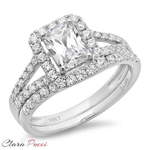 1.60Ct Emerald Cut Pave Halo Bridal Engagement Wedding Ring Band Set 14K White Gold, 8 #TOP4