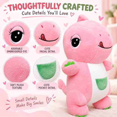 Image of Pink Dinosaur Soft Toy for Kids|25 CM Cute Plush Stuffed Animal| Soft Cuddly Dino Toy for Boys & Girls| Huggable Playtime Companion, Birthday Gift, Room Decor