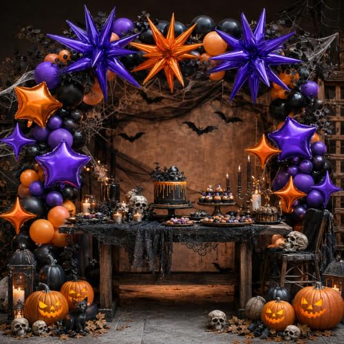 Image of Star Balloons Halloween Balloon Purple Orange Explosion Stars Balloon | 22 /18 /10 In Metallic Orange Purple Spike Stars Foil Balloon for Halloween Ghost Themed Birthday Gradution Party Decorations