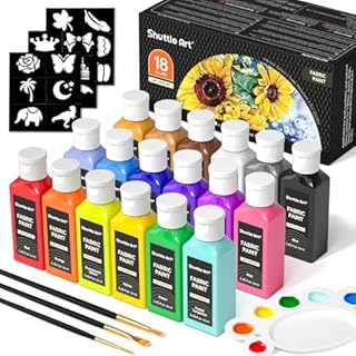 Shuttle Art Fabric Paint Permanent for Clothes, 18 Colours Fabric Paints in Bottles (60ml/2oz) with Brushes, Palette, Stencils, Non-Toxic Textile Paints for T-Shirt, Shoes, Bag, Jeans, No Heating Need