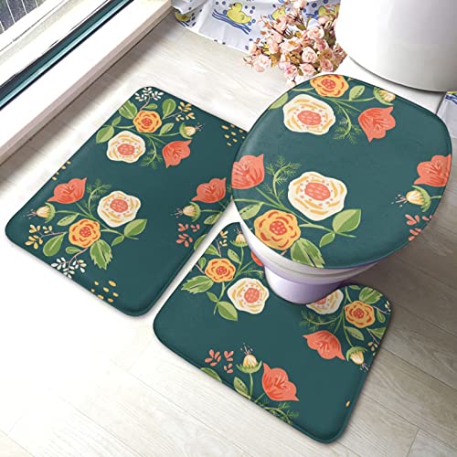 DIRYKILP Badematte + Konturmatte + Toilettendeckelbezug, Charmanter Bouquet 3 Stück Badematte Set, mit rutschfester Klebeunterseite