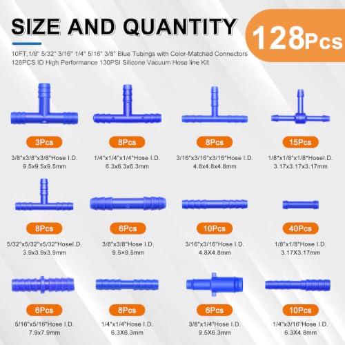 Image of Tnisesm 170Pcs Vacuum Line Kit, 10Ft Blue Vacuum Hose Automotive with Vacuum Line Connectors& Clamps, High Performance Silicone Hose line Kit for Variety Car Piping System Replacement Vacuum Hoses