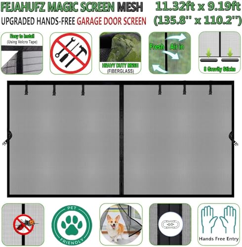 Image of Magnetic Garage Door Screen 11x9ft for 1 Car, Doors Durable Fiberglass Heavy Duty Mesh Magnetic Net, Pets Friendly Retractable for Carport Garage Patio Porch (Black, 11x9ft)
