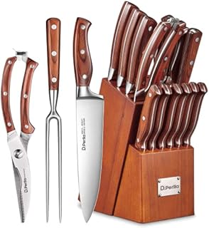 D.Perlla Knife Set, 16 Piece Knife Block Set with High Carbon German Steel, Kitchen Knife Set Sharpening for Chef Knife, Meat Scissors, Carving Fork, Ergonomic Wooden Handle