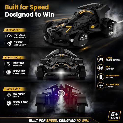 Image of Cable World Remote Control Car with Smoke Spray Effect, 10 Feet Range,LED Lights & Rechargeable Battery | 2.4GHz RC Toy Car with Mist Function, Drift & 360 Action | Kids Toy Car for Kids