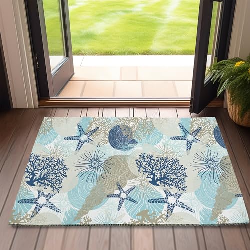 Beach Starfish Door Mats Outdoor Entrance,Cute Coral Seashell Doormat 17 X 30 Inch Waterproof All-Season Low-Profile Front Mat for Indoor Floor Home Entryway
