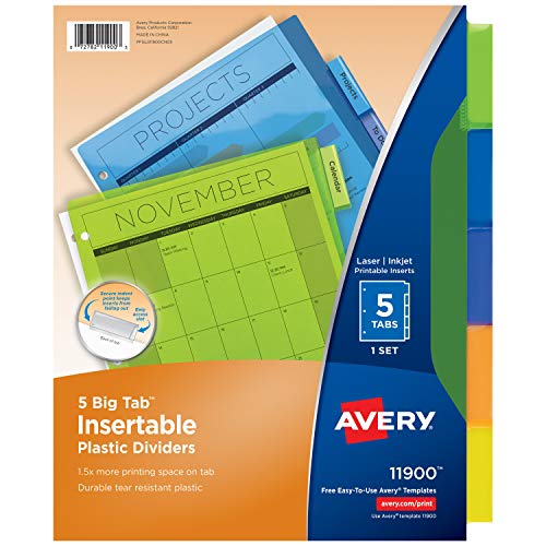 Avery Big Tab Insertable Plastic Dividers, 5 Multicolor Tabs, Case Pack of 24 Sets (11900)