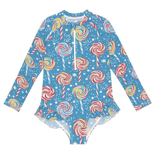 ALAZA Colorful Lollipop Rainbow Blue Girls One Piece Swimsuit Long Sleeve Rash Guard Swimsuits UV 50+ Swimwear Zipper