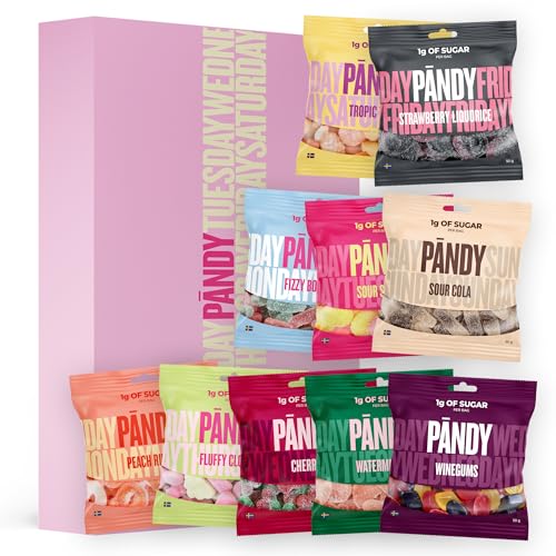 PANDY Candy 10 Pack Swedish Gummy Sweets Only 1g Sugar & 70 Calories Mixed Flavour Gift Box Hamper