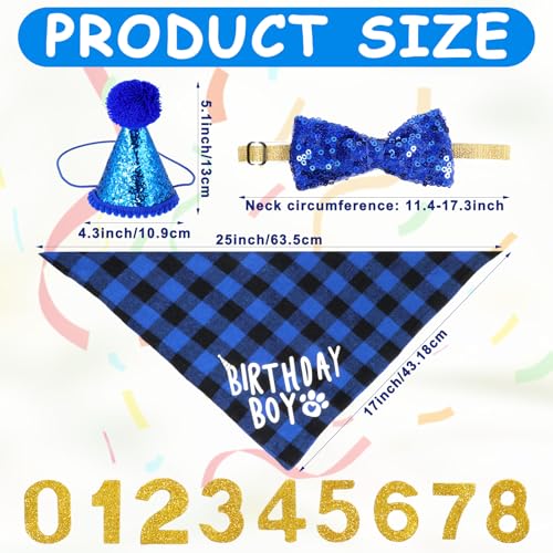 JJUNW 4 Stück Hund Geburtstag Bandana Set, Hund Geburtstag Party Set, Hunde Bandana Mütze mit 8 Bling Nummern und Fliege Hunde Zubehör Set für Welpenkatzenhaustie(blau)