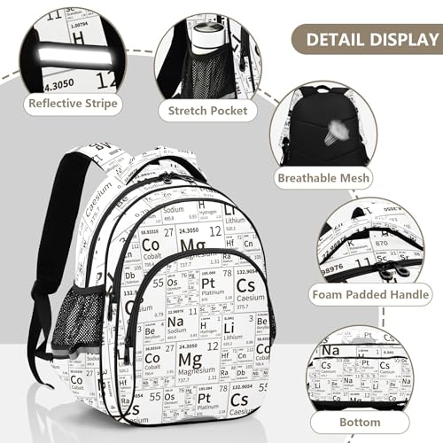Chemical Periodic Table Black and White Backpack for School Study Book Bag Laptop Backpack Work Travel Computer Bags with Reflective Stripes3