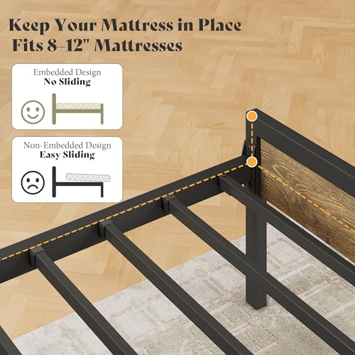 Image of AMERLIFE King Size Bed Frame with Storage Headboard & Charging Station, Industrial Metal Platform Bed with Large Under-Bed Storage, Heavy Duty Slats, No Box Spring Needed, Rustic Brown