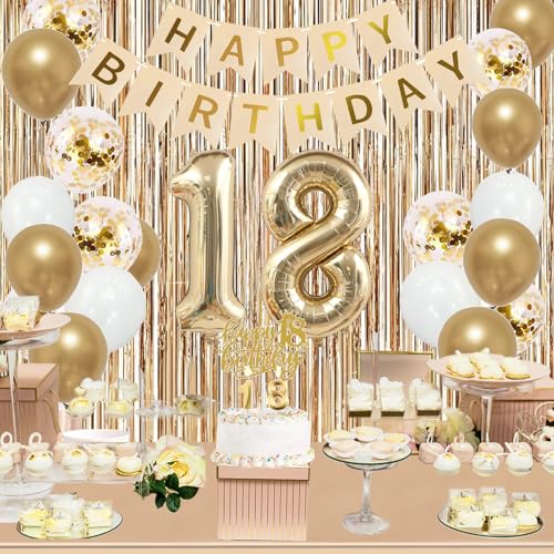 Image of Trgowaul Happy 18th Birthday Decorations for Girls, Banner, Sash and Crown, Cake Topper, 18 Number Balloon, Fringe Curtains, Champagne Gold 18th Birthday Party Supplies