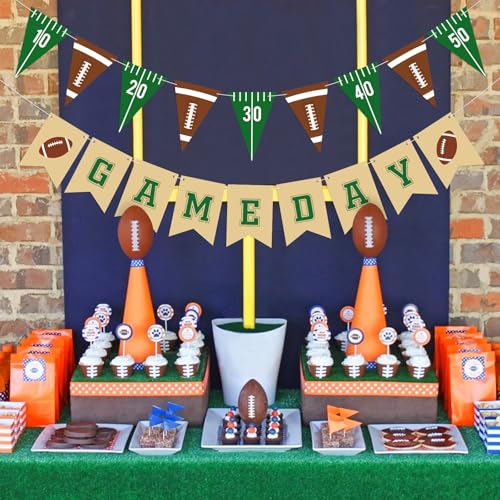Image of Hooqict 2 Pieces Game Day Football Banner Football Party Decorations Football Party Banner Garland with Triangle Flags Sign for Sports Birthday Party Decorations Tailgate Party Supplies