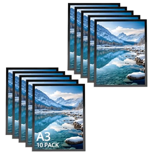 QWORK® 10pcs marco magnético autoadhesivo A3, negro, para anuncios, avisos, documentos