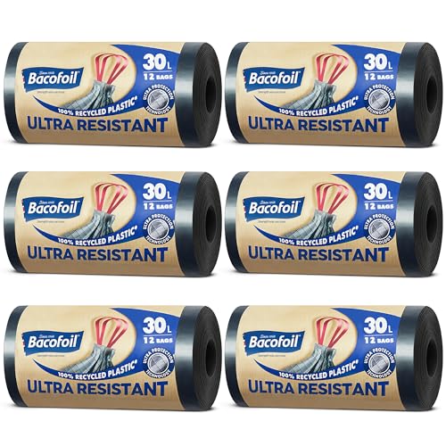 Bacofoil Ultra Resistant Bin Liners with Drawstring Handles 30L - Leak-Proof and Tear Resistant 30L Bin Bags with Ultra Protection Technology (6 Rolls, 72 Bags)