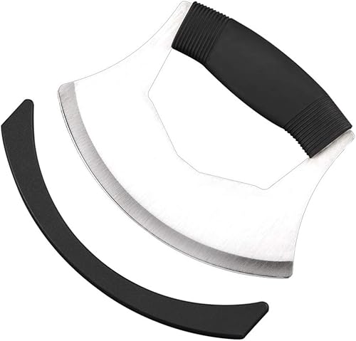 Mezzaluna - Picador de ensalada, cuchillo mezzaluna de acero inoxidable, cortador afilado con cubierta de protección, cortador de verduras para