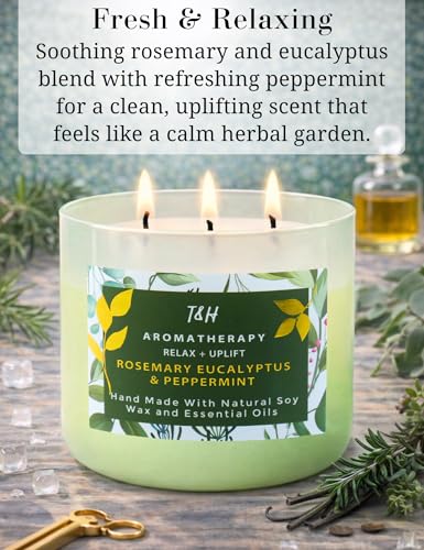 Rosemary Eucalyptus Peppermint 3 Wick Candle for Home Scented | 15.8 oz Large Soy Candle | Spa Aromatherapy Candles for Home Stress Relief | Clean Burn | Gift for Women & Men - Image 3