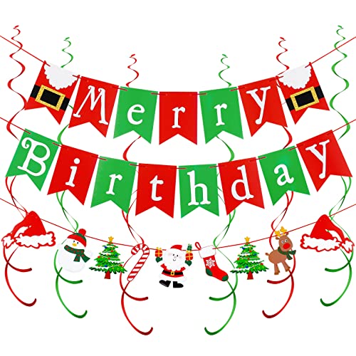Red & Green Merry Birthday Banner, Happy Birthday Merry Christmas- Christmas Birthday Party Decorations, Christmas Happy Birthday Banner, Merry Birthday Decorations, Christmas Birthday Decorations for Home Office Fireplace Mantle