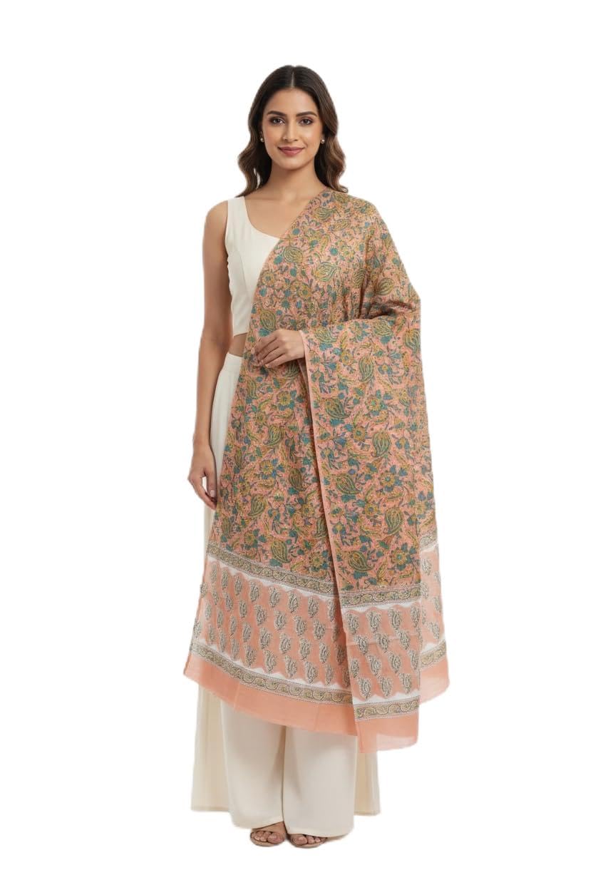 Peach Teal Mul Cotton Dupatta | Sanganeri Paisley Block Print | 250x120cm – ISYVSK-A11-image-32