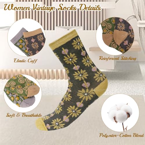 Image of 5 Pairs Vintage Patterned Crew Socks Floral Cotton Socks Warm Socks Thick Soft Socks Gifts for Women