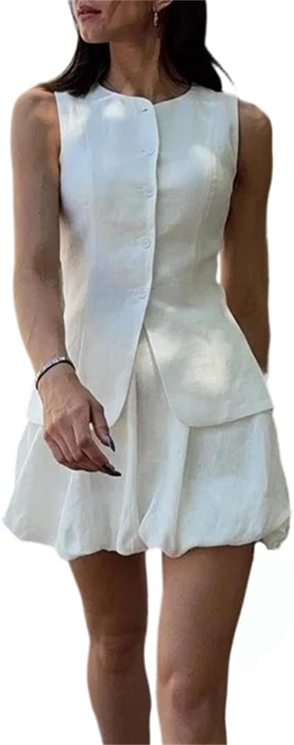Women's Cotton Casual Two Piece Set Sleeveless Tank Top Vest And Loose Mini Skirt Commuter Summer Suit