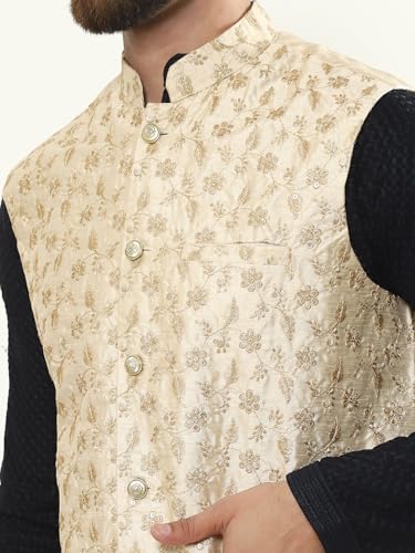 Image of SOJANYA (Since 1958 Men's Cotton Linen Maroon Kurta and White Pyjama with Mustard Cotton Nehru Jacket