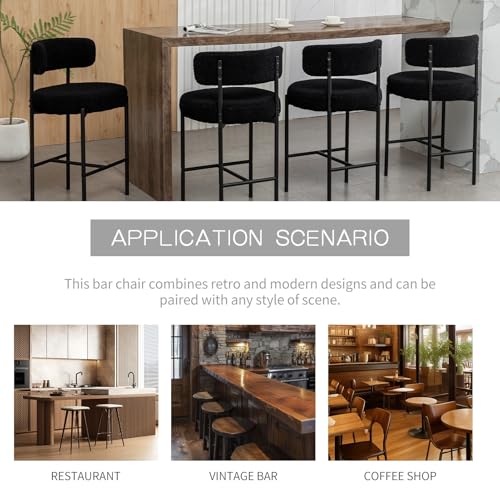 Butacos de altura para barra, set de 3 unidades, diseño moderno con respaldo curvo, tapizados en bouclé negro, para isla de cocina, comedor, café o pub miniatura 7