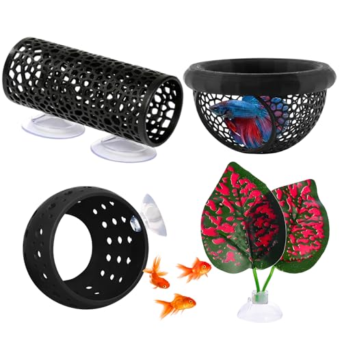4PCS Betta Fish Accessories Aquarium Decorations Set Black Betta Fish Tunnel Set Cylinder Shape Round Shape Dome Shape Plant Style Observing Shy Fish Behavior Encouraging Natural Breeding Cycle