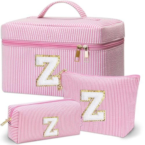 Personalized Monogram Makeup Bag, 3PCS Custom Monogrammed Toiletry Cosmetic Bag for 6-18 Teen Girls Women,Birthday Graduation Gifts Initial Pouch Makeup Bags for Women Girls, Make Up Bag (Z, Pink)